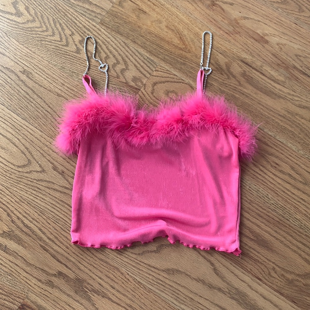 hot pink fuzzy jewel strap tank top